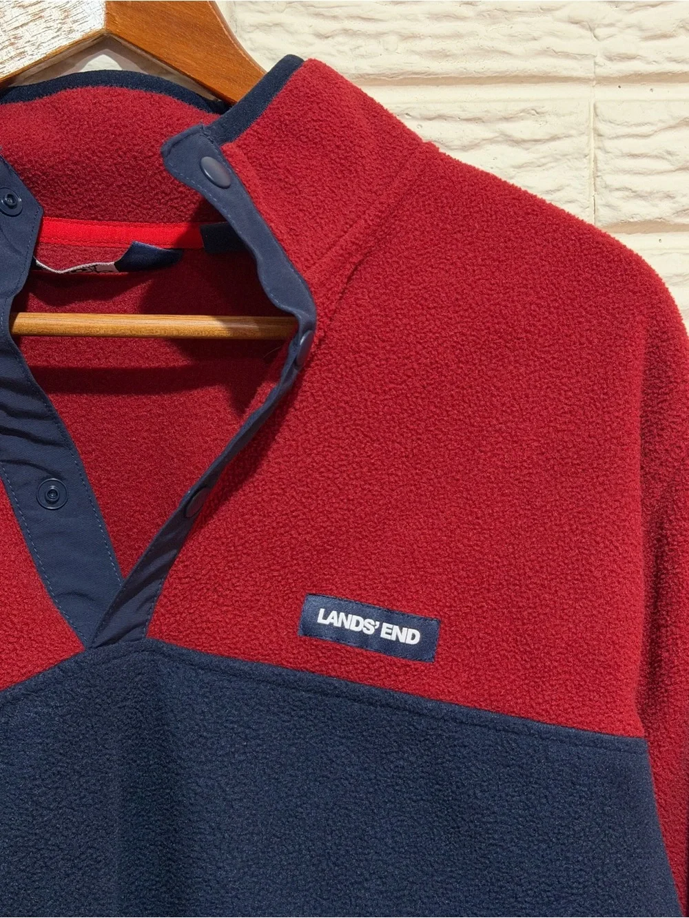 Lands' End Men’s Two-Tone Red and Navy Zip Fleece Pullover